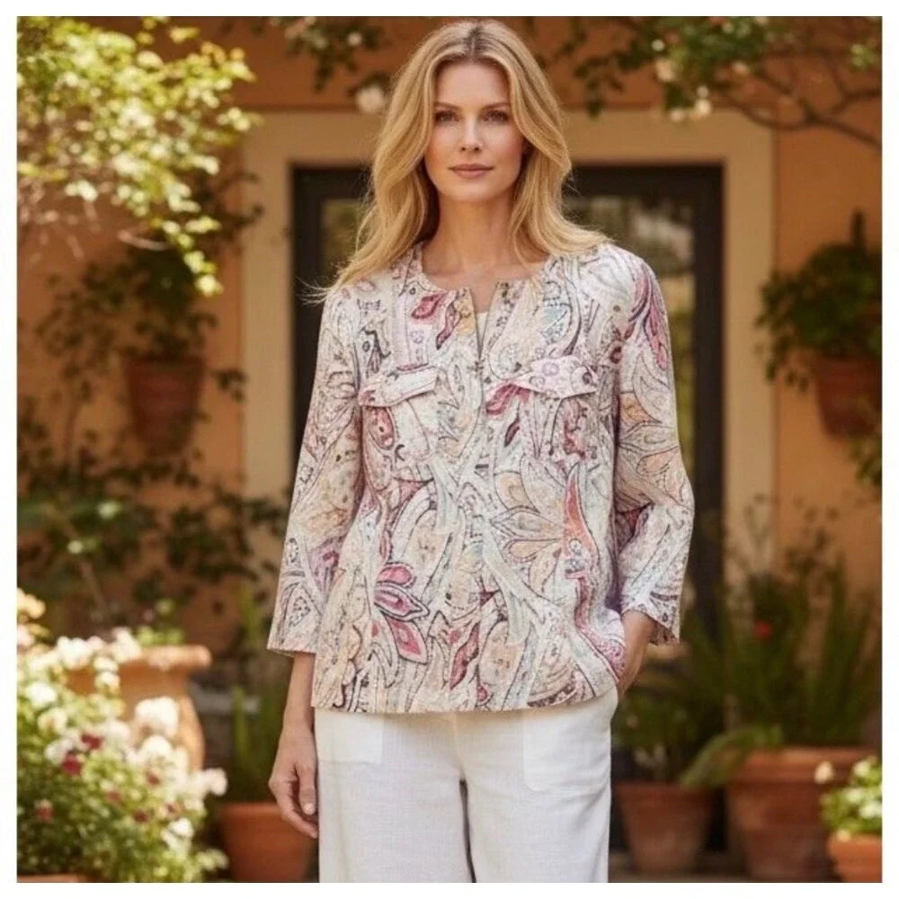 Chico's Linen Zip Up Jacket Shacket Sz 3 (XL) Boho Chic Coastal Paisley Career